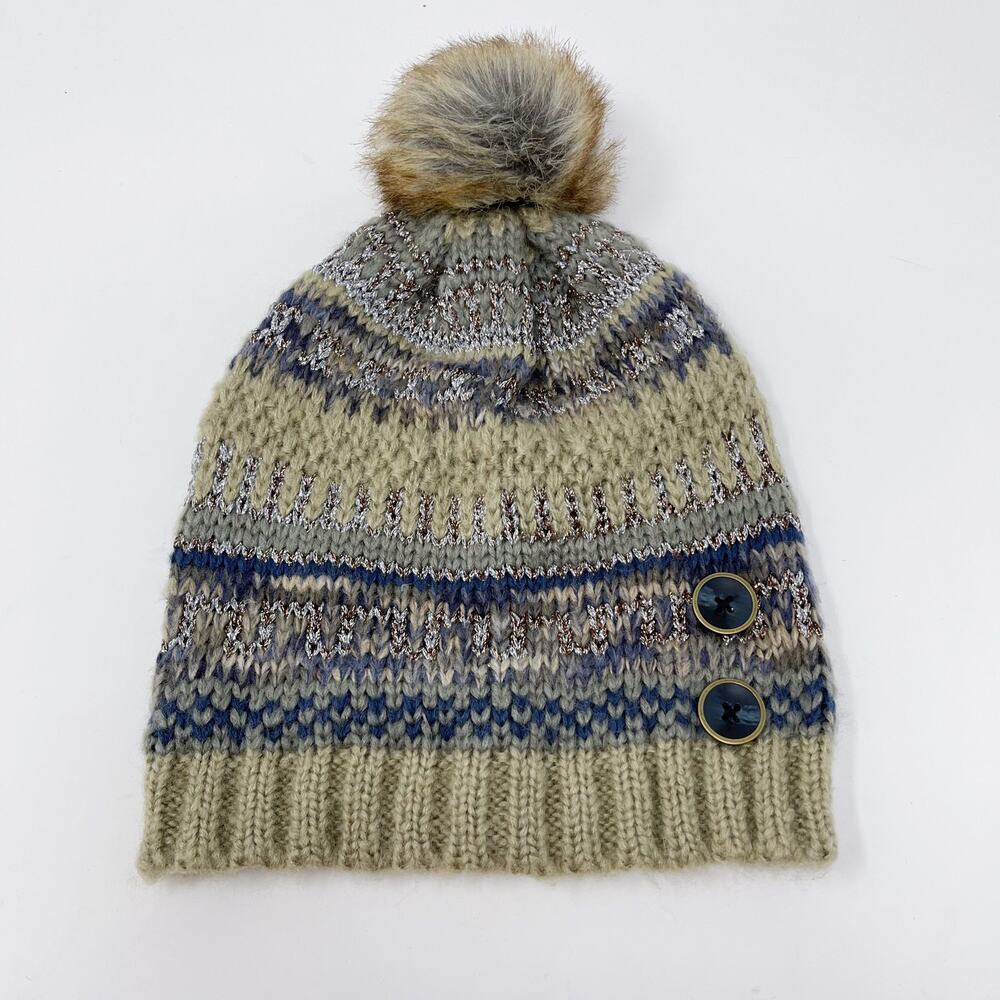 Boutique Striped Knit Beanie Hat with Pom Pom Cream Blue Button Detail